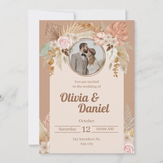 Beige Boho Waterverf Bloemen Huwelijksuitnodiging Feestdagenkaart (Voorkant)