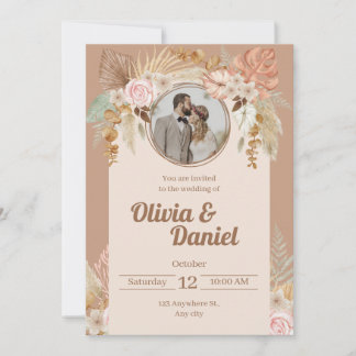 Beige Boho Waterverf Bloemen Huwelijksuitnodiging Feestdagenkaart