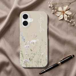 Beige Boho Waterverf Wilde Bloemen iPhone 16 Hoesje