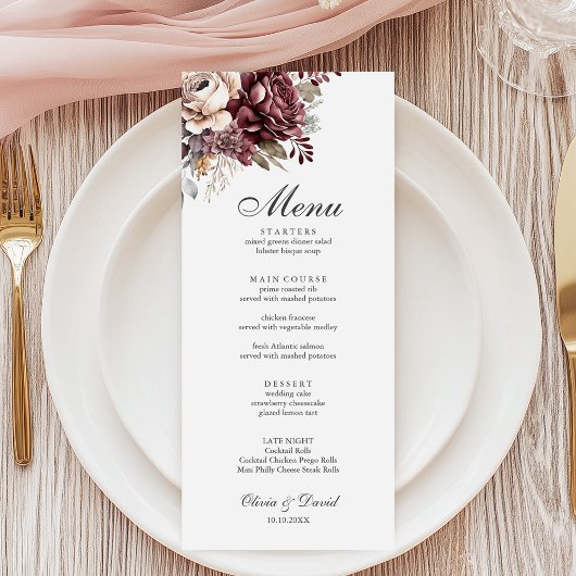 Beige Boho Wedding Menu with Watercolor Flowers