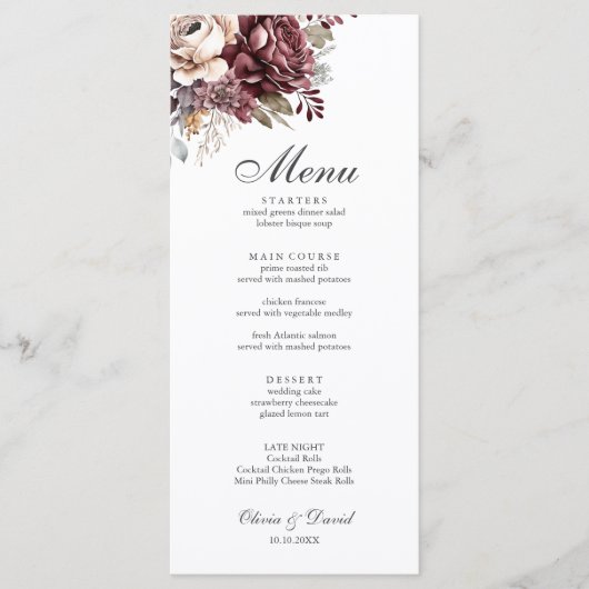 Beige Boho Wedding Menu with Watercolor Flowers (Voorkant)