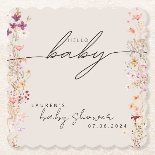 Beige Boho Wildflower Baby shower Tafel Decor Kartonnen Onderzetters (Voorkant)