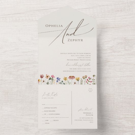 Beige Boho Wildflower Eenvoudige Casual afdichting All In One Uitnodiging (Binnen)
