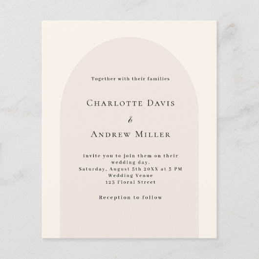 Beige boog elegante budget bruiloft uitnodiging (Voorkant)