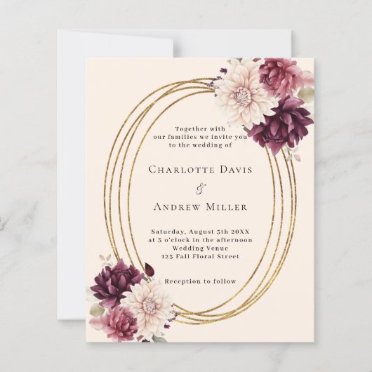 Beige bordeaux ivoor bloemen huwelijksuitnodiging (Voorkant)