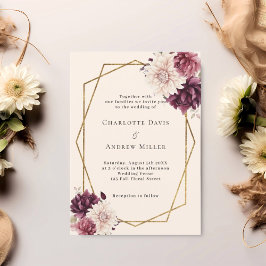 Beige bordeauxrode ivoren bloemen geometrische bru kaart