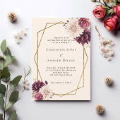 Beige bordeauxrode ivoren bloemen geometrische bru kaart