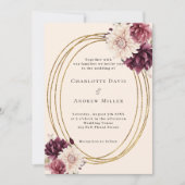 Beige bordeauxrode ivoren bloemen gouden lijst bru kaart (Voorkant)