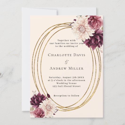 Beige bordeauxrode ivoren bloemen gouden lijst bru kaart (Voorkant)