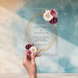 Beige bordeauxrood ivoor bloemen goud helder trouw acryl uitnodigingen