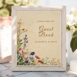 Beige Border Rustic Boho Wildflower Gastboek Teken Foto Afdruk