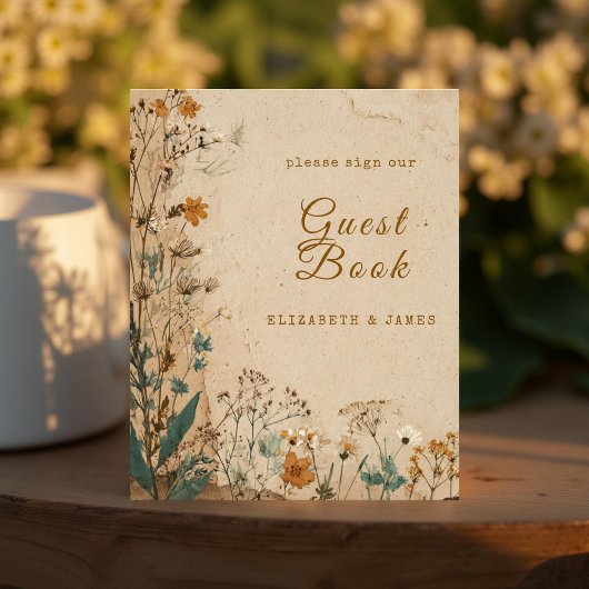 Beige Border Rustic Boho Wildflower Gastboek Teken Foto Afdruk