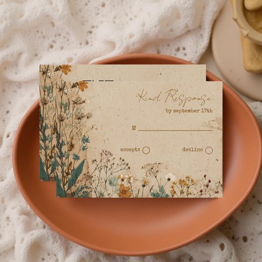 Beige Border Rustic Boho Wildflower QR-code RSVP Kaartje