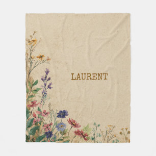 Beige Border Rustic Boho Wildflower Waterverf Fleece Deken