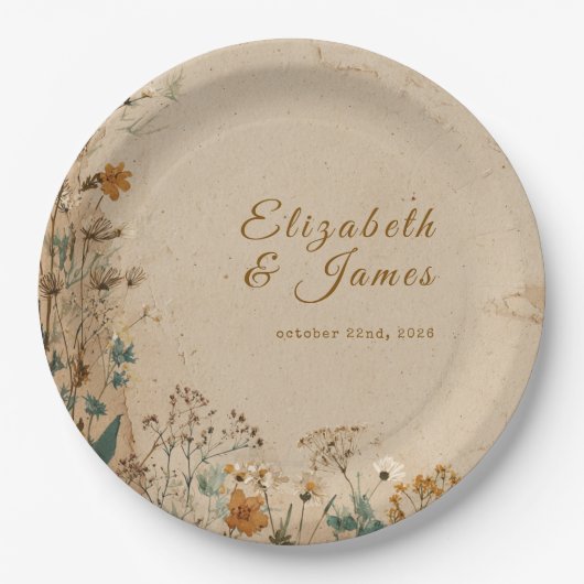 Beige Border Rustic Boho Wildflower Wedding Papieren Bordje (Voorkant)