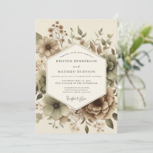Beige Botanical Autumn Wedding Kaart (Staand voorkant)