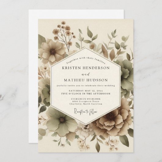 Beige Botanical Autumn Wedding Kaart (Voorkant / Achterkant)
