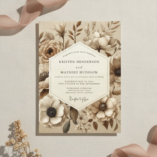 Beige Botanical Bloom Wedding Kaart