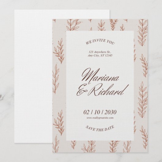 Beige Botanical Boho Wedding Invitation  Kaart (Voorkant / Achterkant)