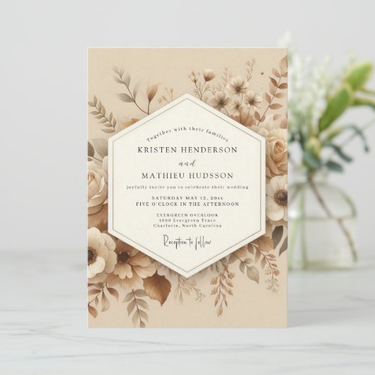 Beige Botanical Romantic Wedding Kaart (Staand voorkant)