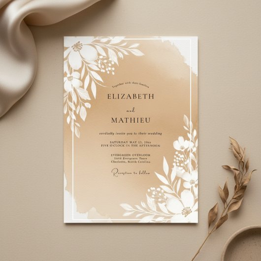Beige Botanische Bloem Bruiloft Kaart