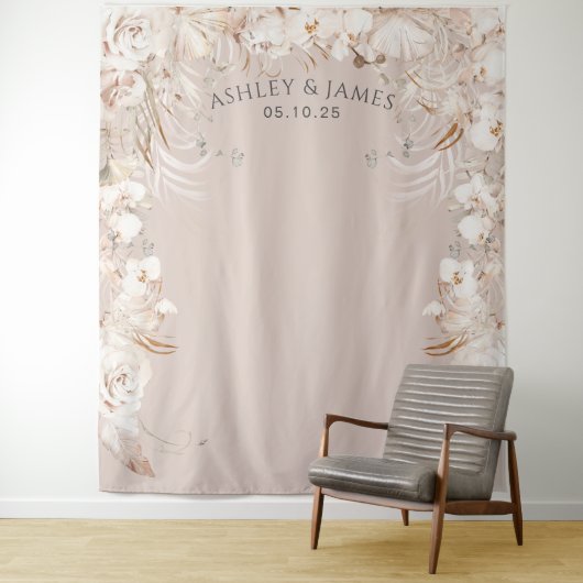 Beige botanische florale tuinbouwachtergrond wandkleed (In situ)