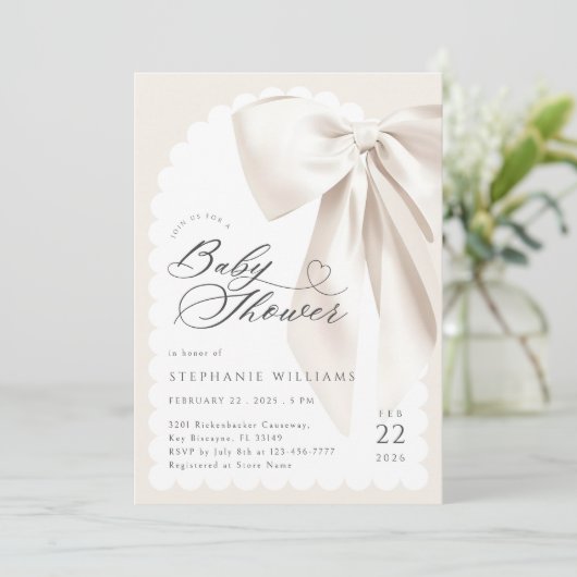 Beige Bow Baby shower Kaart (Staand voorkant)