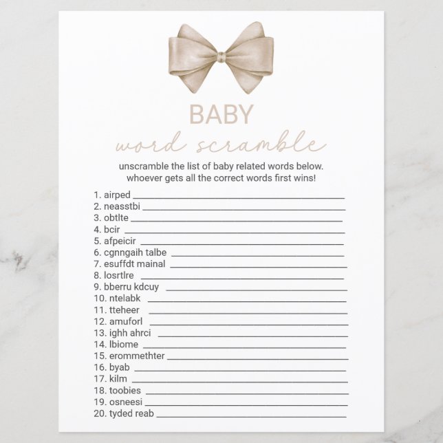 Beige Bow Baby shower Word Scramble (Voorkant)