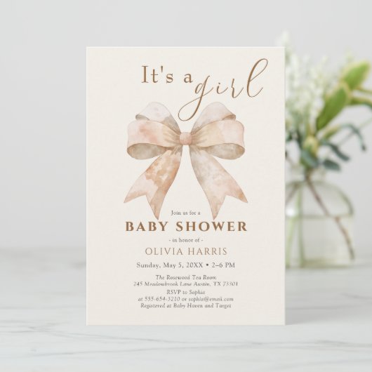  Beige Bow Boho Waterverf Baby shower Kaart (Staand voorkant)