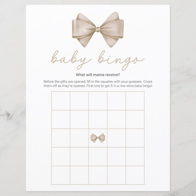 Beige Bow Modern Baby shower Bingogame (Voorkant)