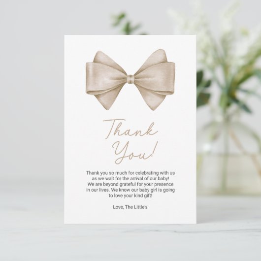 Beige Bow Modern Boho Baby shower Bedankkaart (Staand voorkant)