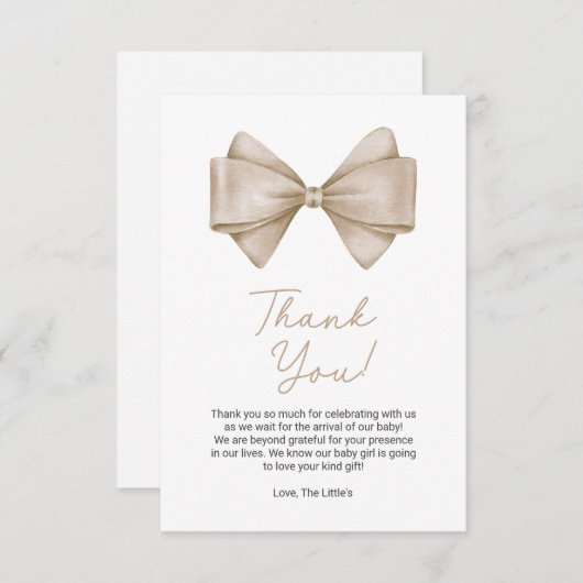 Beige Bow Modern Boho Baby shower Bedankkaart (Voorkant / Achterkant)