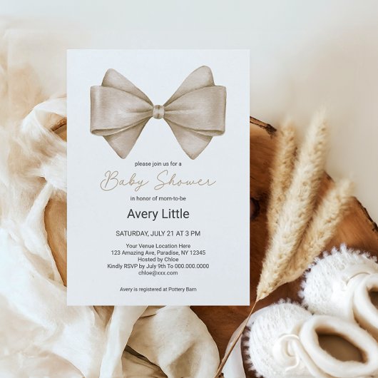 Beige Bow Modern Boho Baby shower Kaart