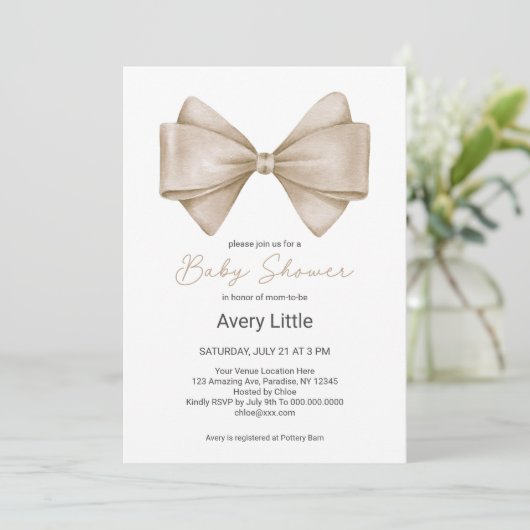 Beige Bow Modern Boho Baby shower Kaart (Staand voorkant)