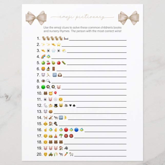Beige Bow Moderne Emoji Boeken Baby shower spel (Voorkant)