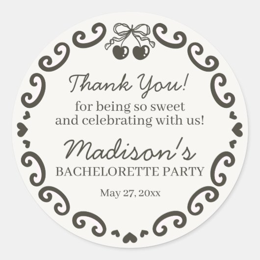 Beige Bow Retro Hart Coquette Cake Bachelorette Ronde Sticker (Voorkant)