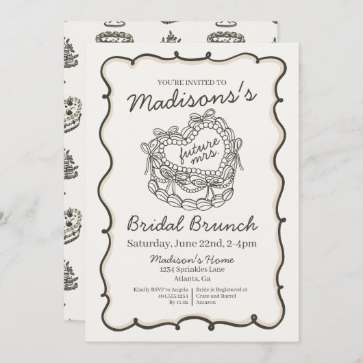 Beige Bow Retro Hart Coquette Cake Bruids Brunch Kaart (Voorkant / Achterkant)