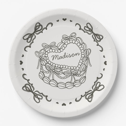 Beige Bow Retro Hart Coquette Cake Gepersonaliseer Papieren Bordje (Voorkant)