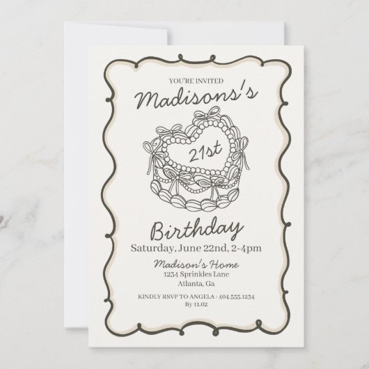 Beige Bow Retro Hart Coquette Taart 21e Verjaardag Kaart (Voorkant)