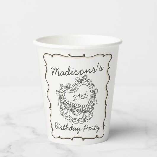 Beige Bow Retro Hart Coquette Taart Verjaardag Papieren Bekers (Voorkant)