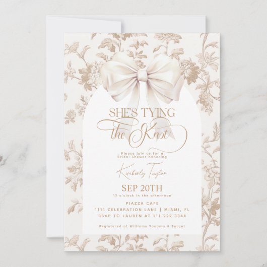 Beige Bow Toile Ze bindt het knoop Vrijgezellenfee Kaart (Voorkant)