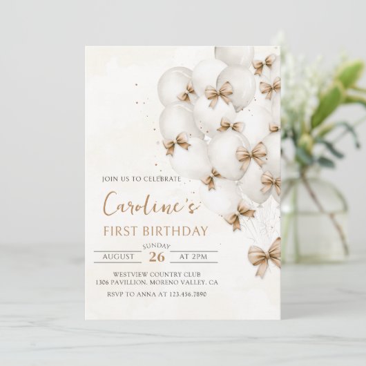 Beige Bows Balloons Verjaardagsuitnodiging Kaart (Staand voorkant)