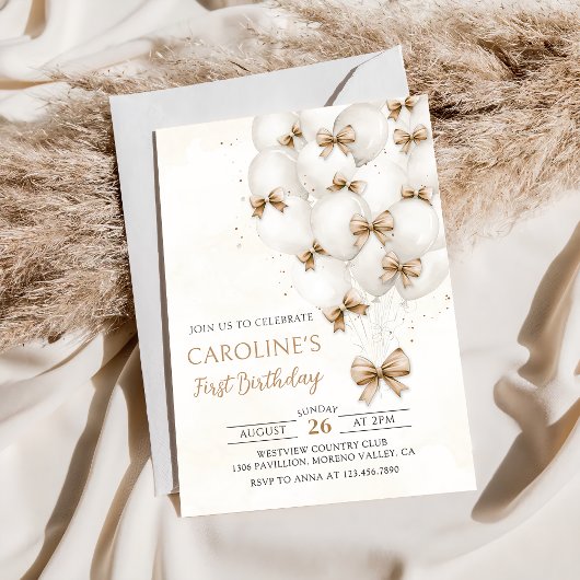Beige Bows Balloons Verjaardagsuitnodiging Kaart