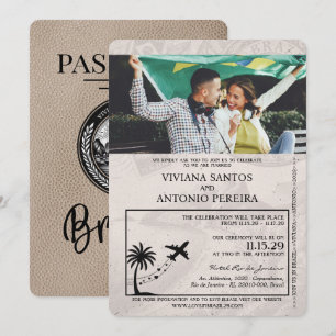 Beige Brazilië Paspoort bruiloft uitnodiging