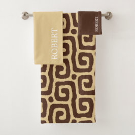  Beige &Brown Abstract Pattern Custom Name Bad Handdoek