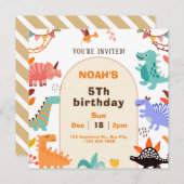 Beige Brown Cute Dinosaur Birthday Invitation Card Kaart (Voorkant / Achterkant)