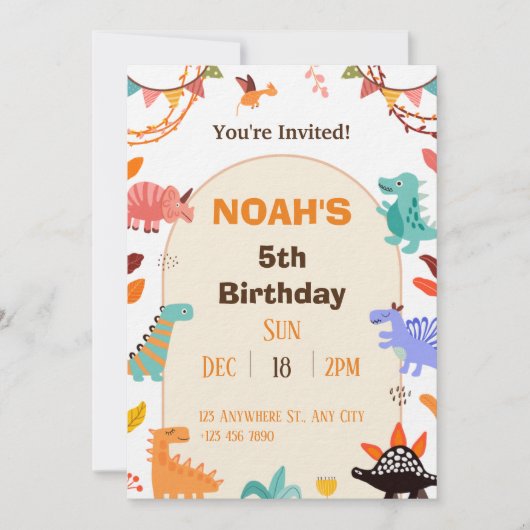 Beige Brown Cute Dinosaur Birthday Invitation card Kaart (Voorkant)