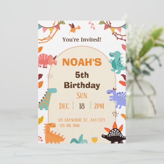 Beige Brown Cute Dinosaur Birthday Invitation card Kaart (Staand voorkant)