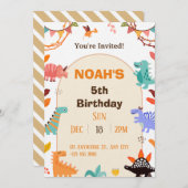Beige Brown Cute Dinosaur Birthday Invitation card Kaart (Voorkant / Achterkant)