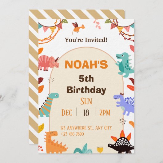 Beige Brown Cute Dinosaur Birthday Invitation card Kaart (Voorkant / Achterkant)